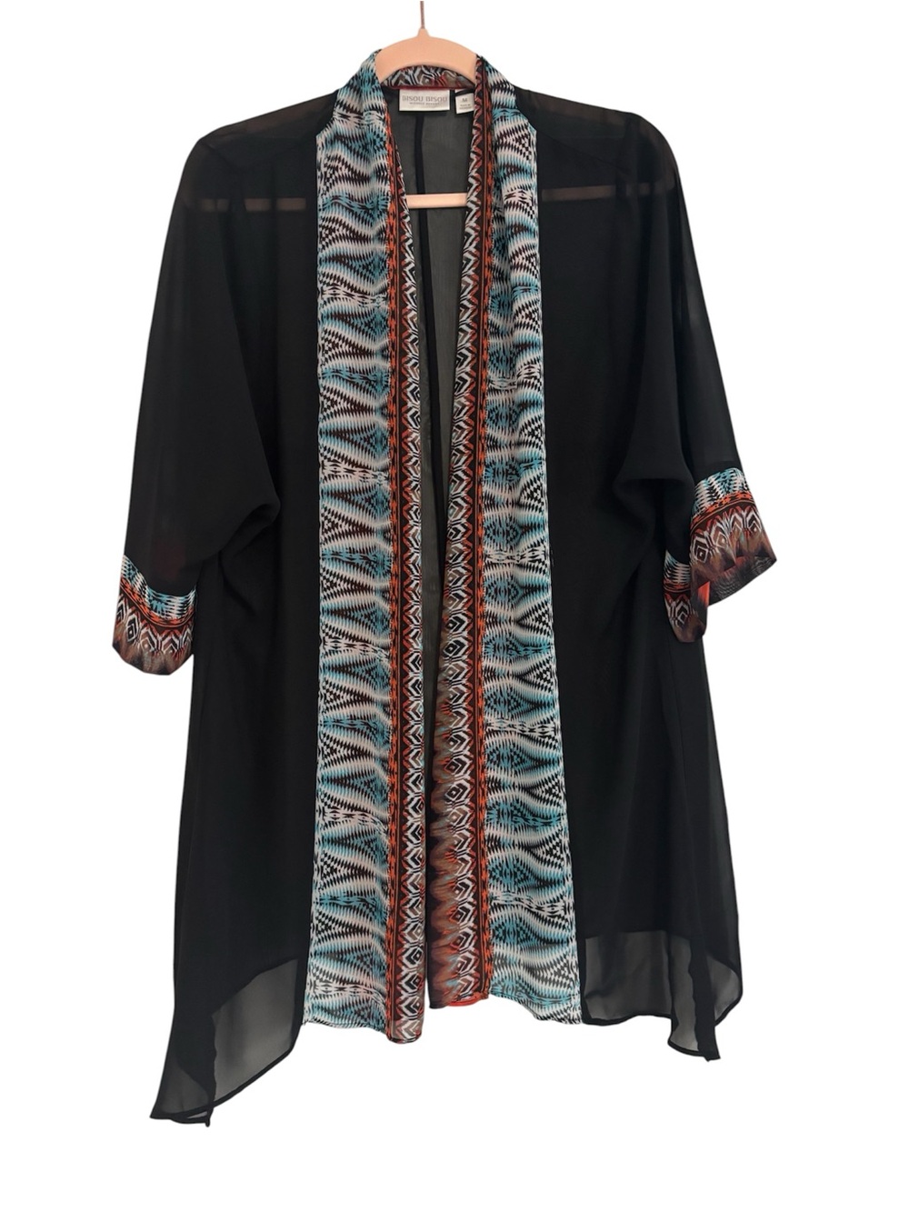 Bisou Bisou Black Sheer Cover-Up Kimono with Turquoise & Rust Trim